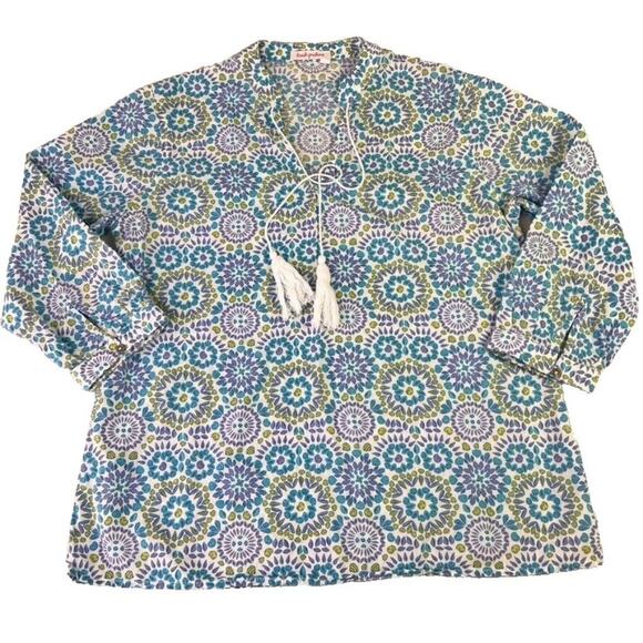 Fresh Produce Tunic Women S M Blue Mosaic Shells Corine Tie V Neck Top Tassel - Picture 1 of 11